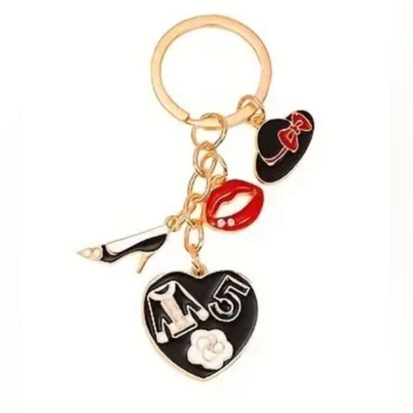 BAG CHARM Black Heart Hat Lips Lipstick Mini Bag Charms Key Chain Gold Tone - Picture 1 of 4